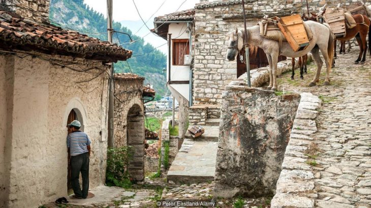 D65TRF In the Mangalemi district of Berat with its ottoman period houses, central Albania.