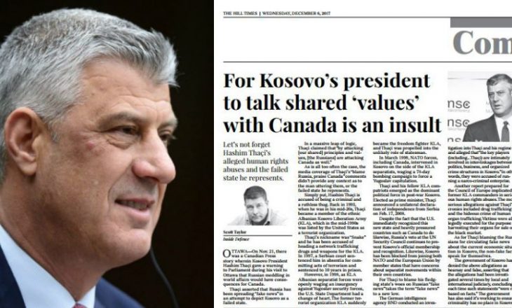 Nje muaj pas vizitës në Kanada, Thaçi rikthehet në gazetat kanadeze si njeri i dyshuar për krime
